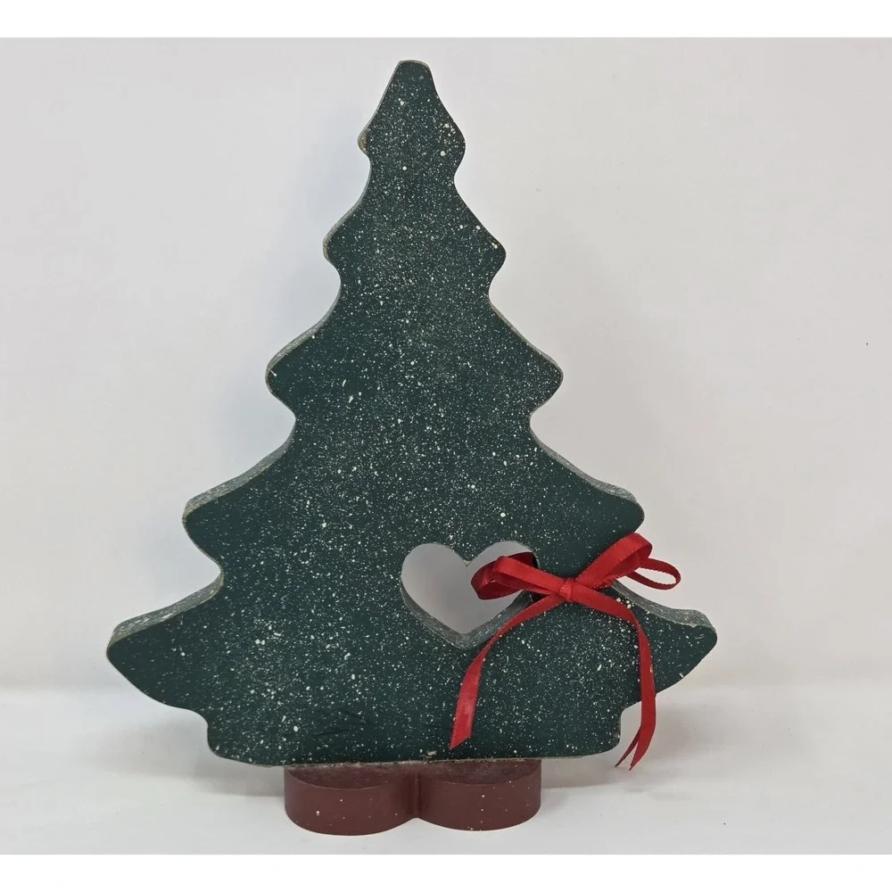 Handmade Wood Christmas Tree Decor Heart Cutout Red Bow Country Primitive 11